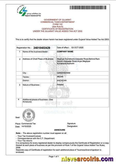 India Kachchh VAT registration certificate